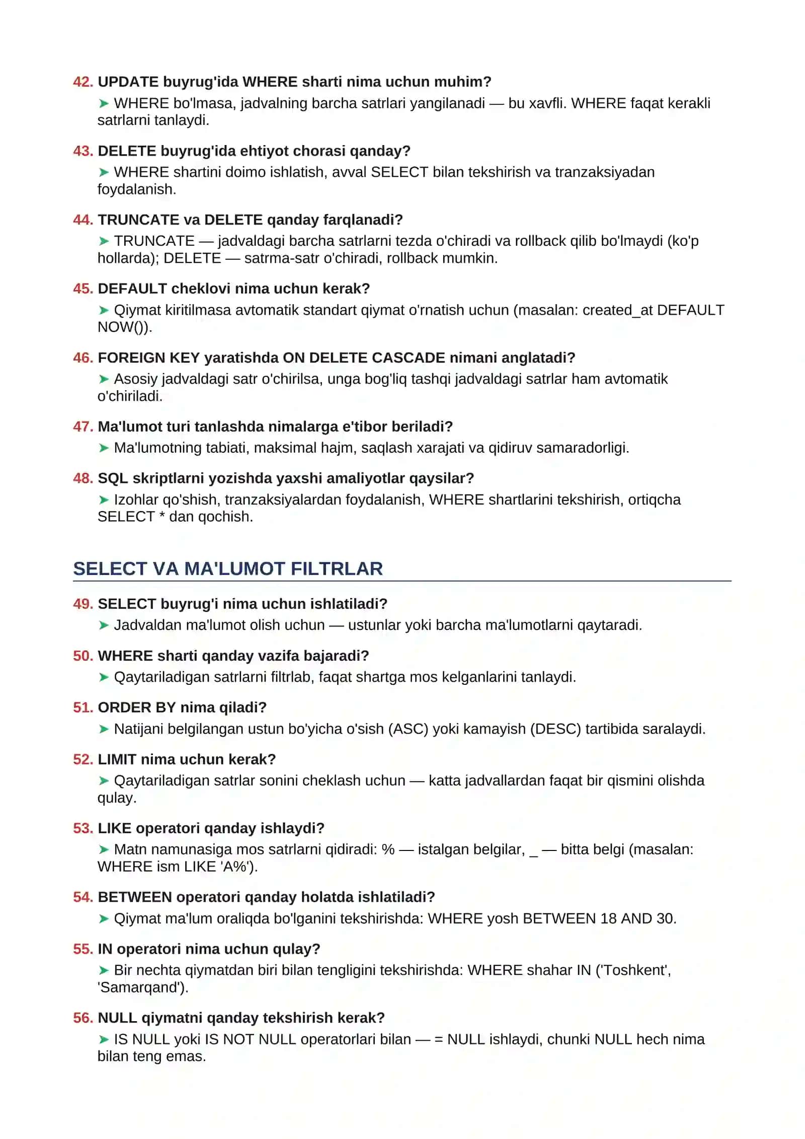 MA'LUMOTLAR BAZASI - SAVOL VA JAVOBLAR 4