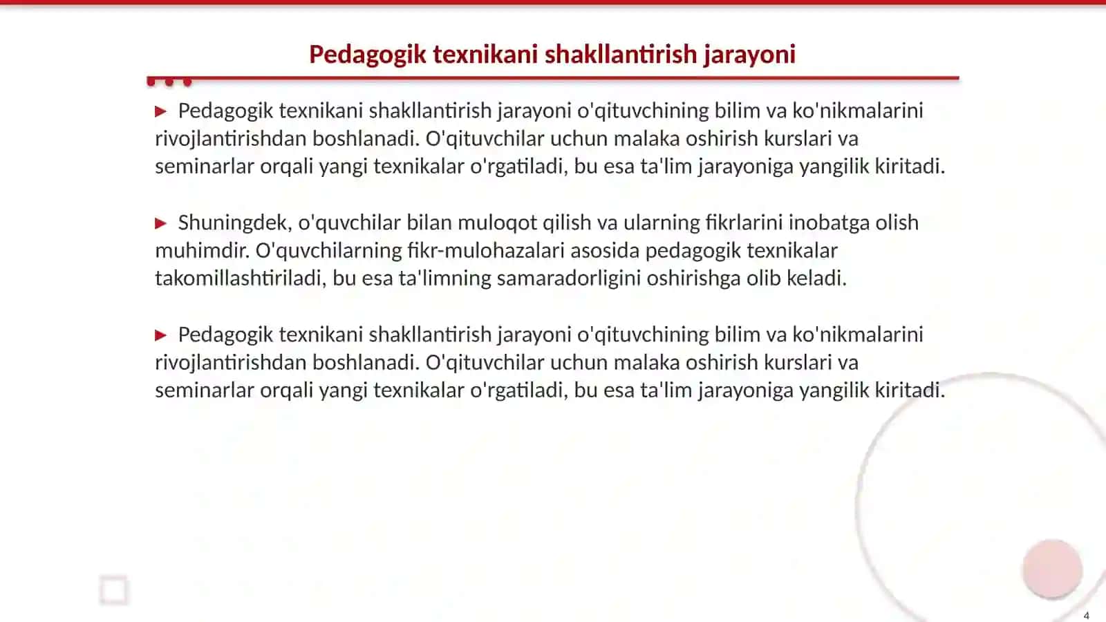 Pedagogik texnikani shakllantirish va rivojlantirish 4