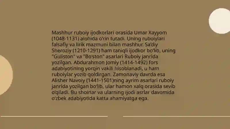 Ruboiy, tuyuq, g‘azal janriga oid namunalarni ifodali o‘qish 4