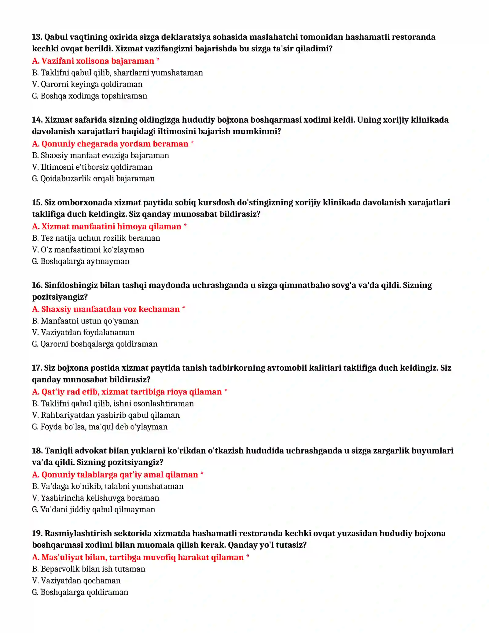 BOJXONA AKADEMIYASI - TEST SAVOLLARI (№ 66) 4