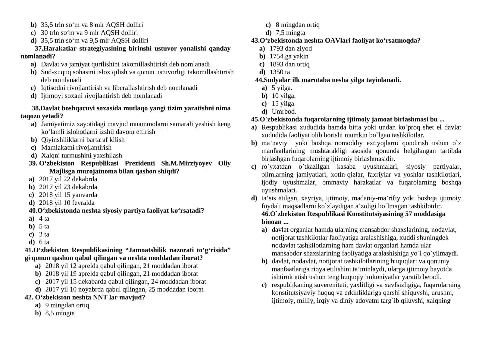 O‘zbekiston milliy taraqqiyot strategiyasi fanidan test savollari 4