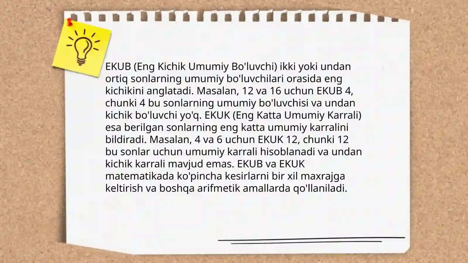 Sonlarning eng kichik umumiy karralisi va eng katta umumiy boʻluvchisi,ularning asosiy xossalari 4