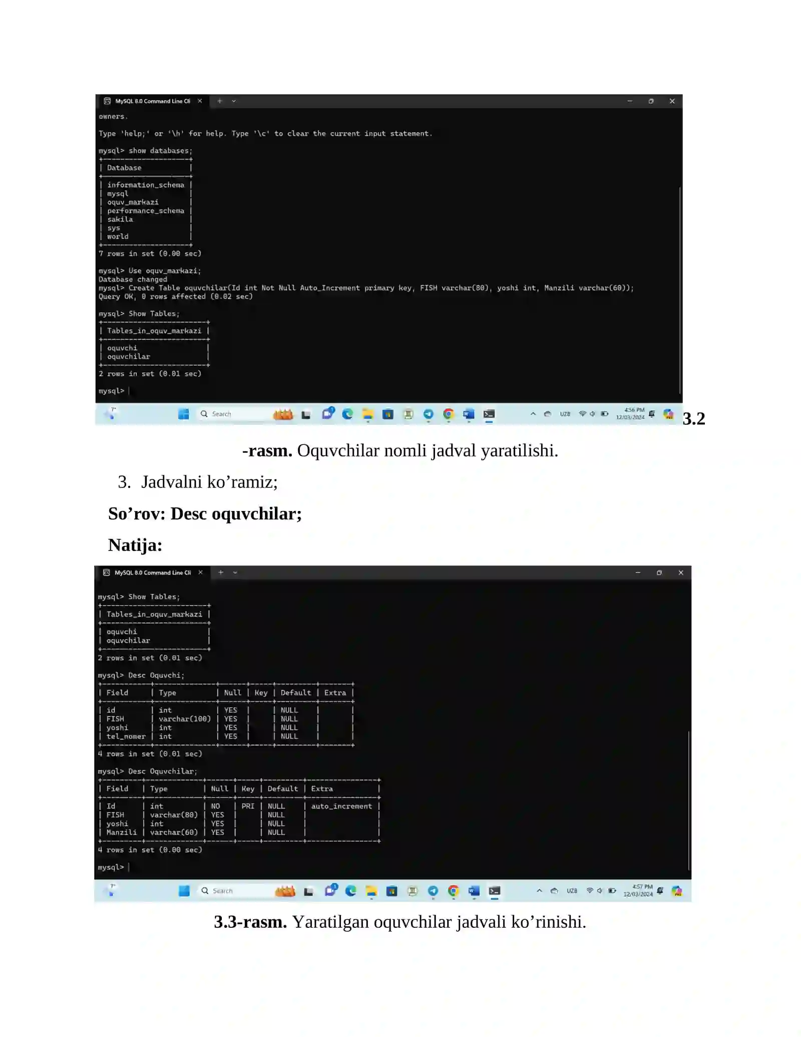SQL tilida jadvallar yaratish, o‘zgartirish va o‘chirish. Amaliy ish 4