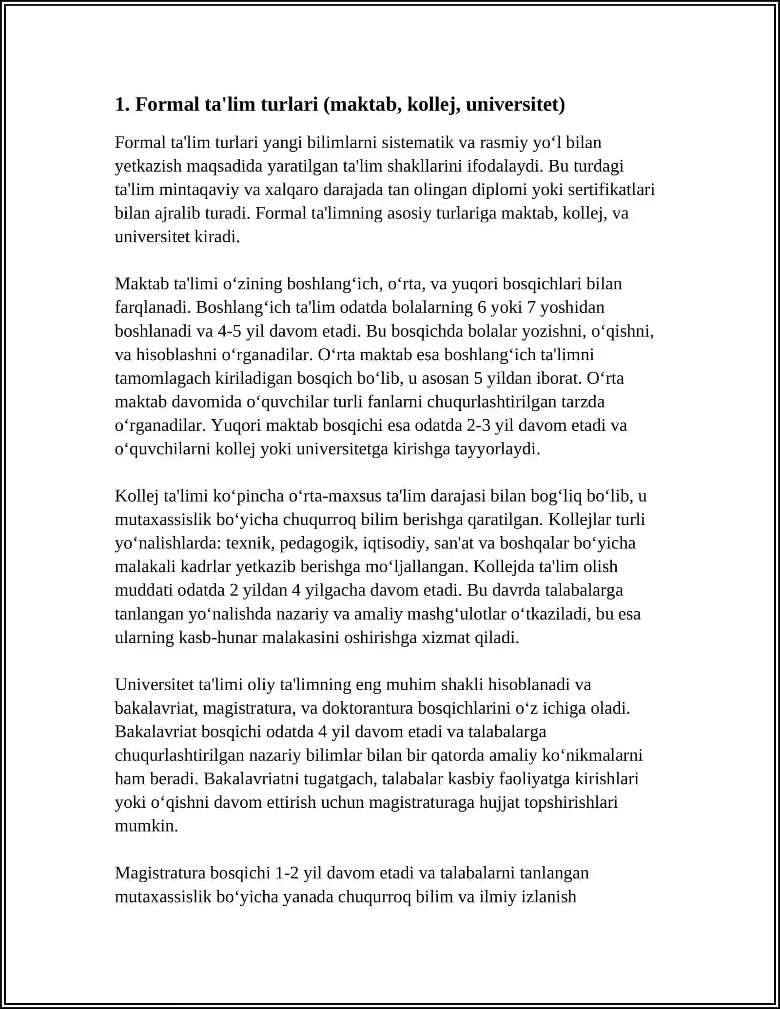 Formal ta'lim turlari (maktab, kollej, universitet) 4