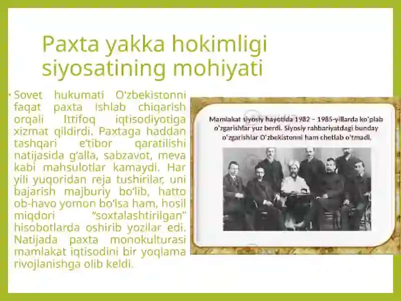 Oʻzbekistonda 1980–1990-yillardagi ijtimoiy-siyosiy vaziyat: paxta yakka hokimligi va qatagʻonliklar 4