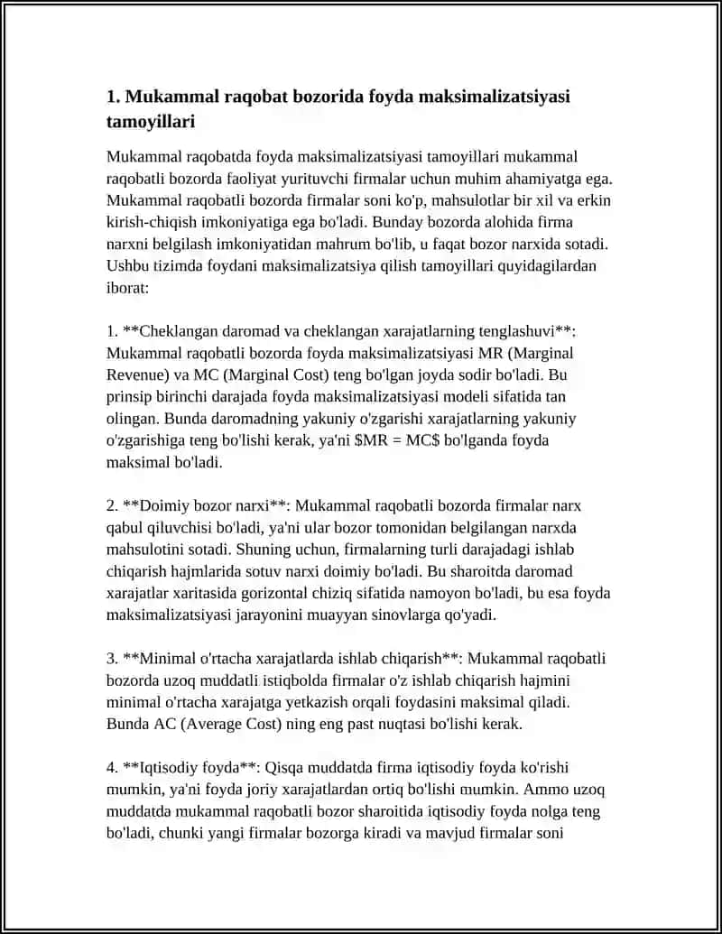 Mukammal raqobatli bozorida foyda maksimalizatsiyasi tamoyillari 4