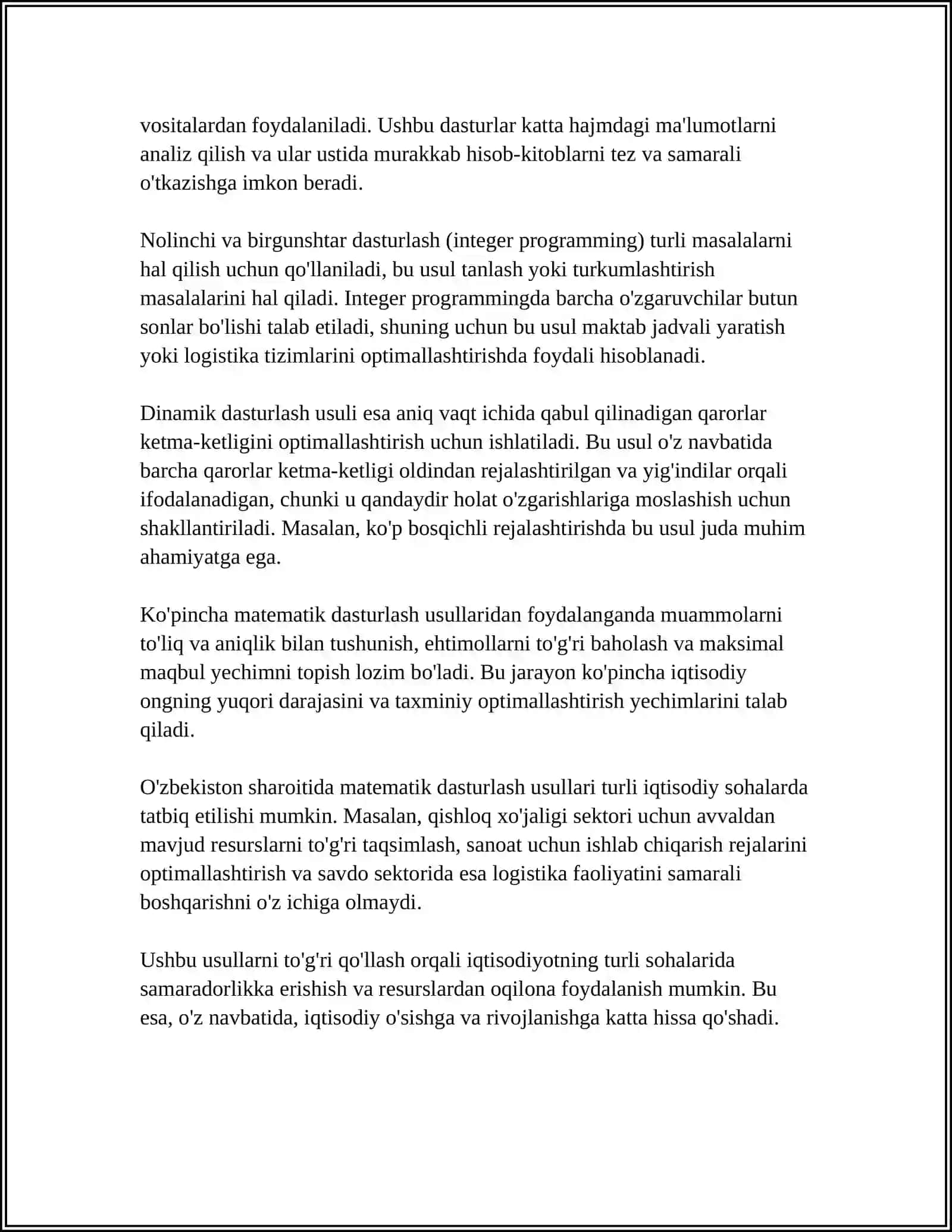 IQTISODIY MASALARNING MAQBUL YECHIMINI ANIQLASHDA MATEMATIK DASTURLASH, O‘YIN NAZARIYASI VA NAZARIY XIZMAT KO'RSATISH USULLARINING QO‘LLANILISHI 4