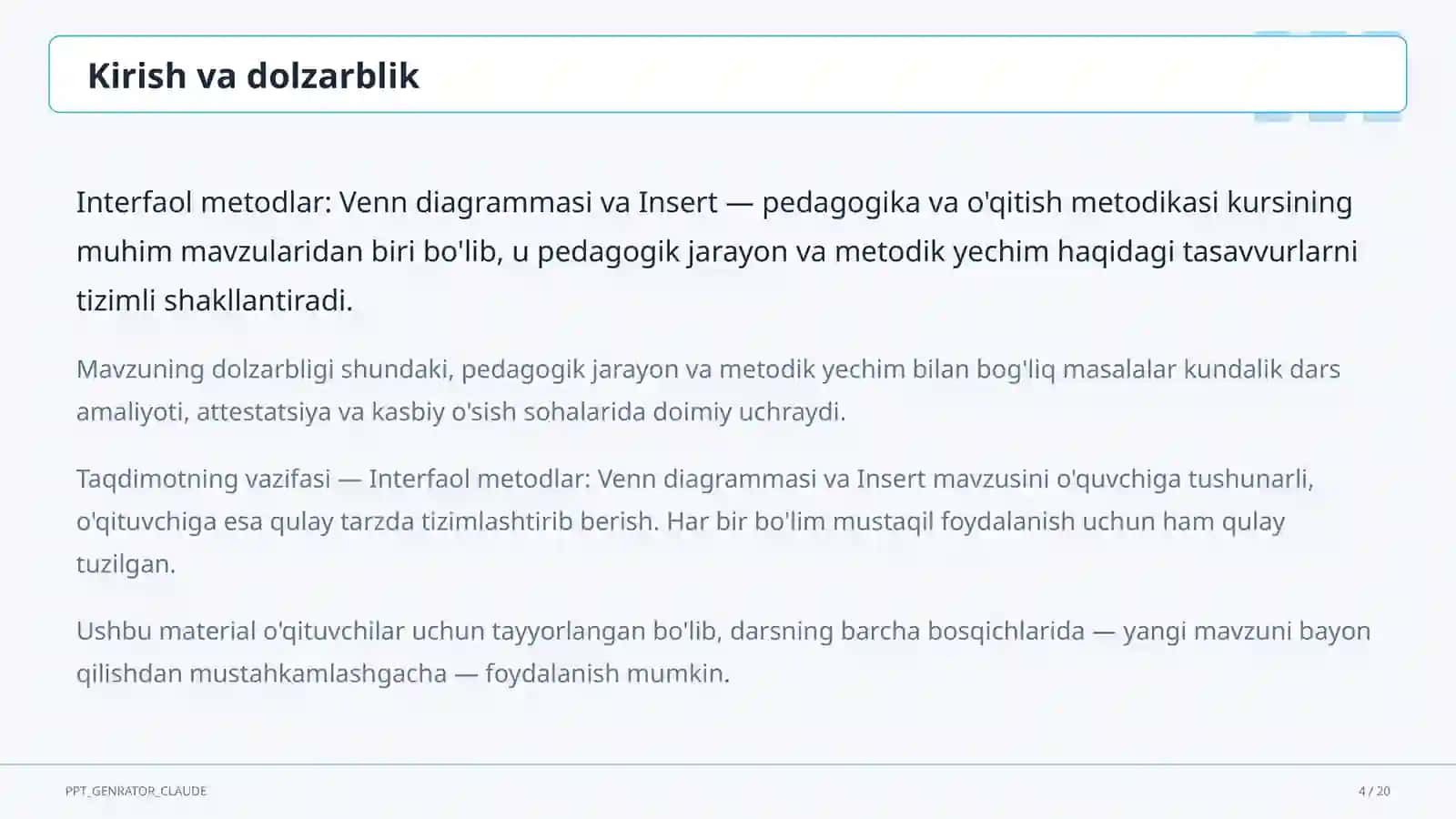Interfaol metodlar: Venn diagrammasi va Insert 4