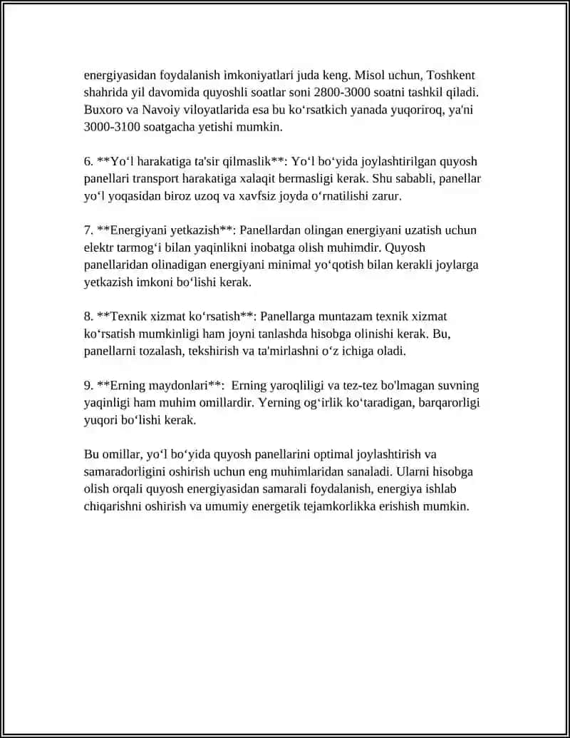 YOʻL BOʻYIDA ENERGIYA MANBALARI "QUYOSH PANELLARI VA SHAMOL TURBINALARI" 4