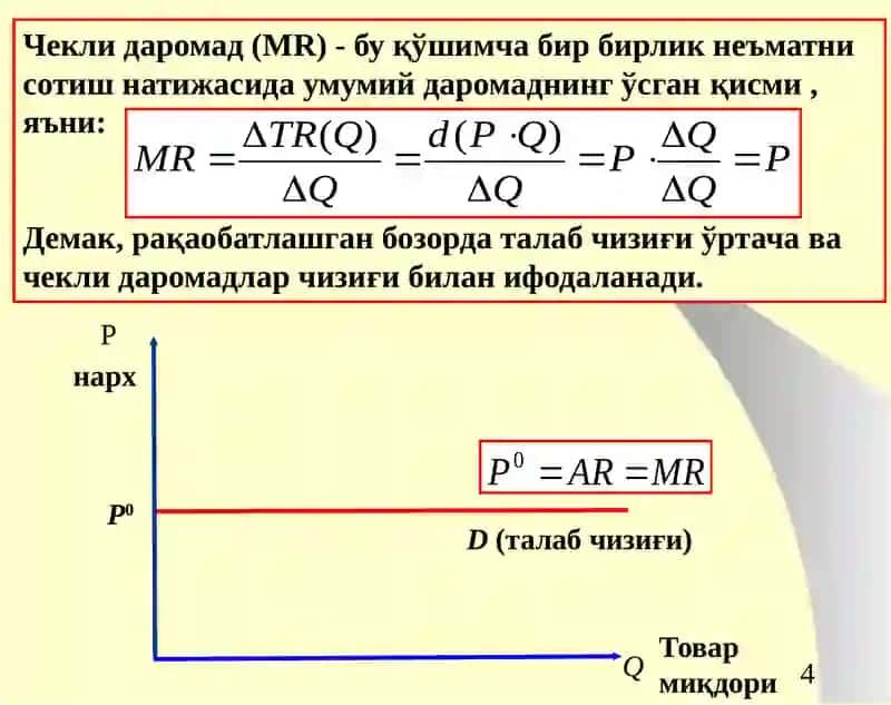 Рақобатлашган бозорда, қисқа муддатли оралиқда фирма фойдасини максималлаштириш ва унинг таклифи 4