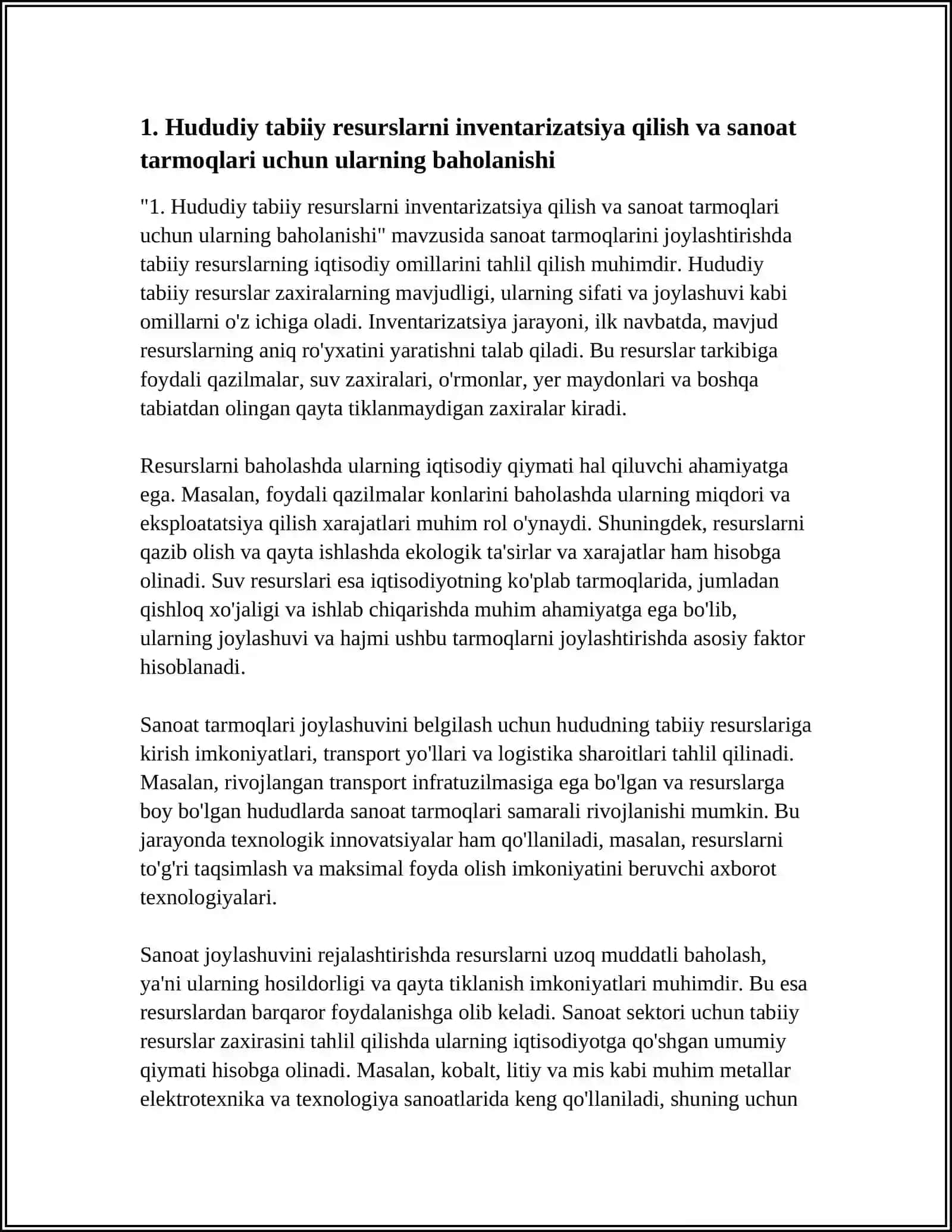 SANOAT TARMOQLARINI JOYLASHTIRISH HUDUDNING TABIIY RESURS IQTISODIY OMILLARINI TAHLIL QILISH VA BIRON BIR SANOAT TARMOQLARINI JOYLASHTIRISH BO'YICHA TAKLIFLAR ISHLAB CHIQISH 4