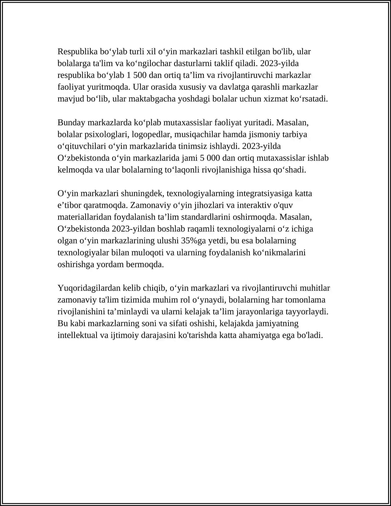 REFERAT RIVOJLANTIRUVCHI MARKAZLARDA OʻYIN VA OʻYIN MUHITINI TASHKIL ETISHNING ASOSIY TAMOYILLARI 4