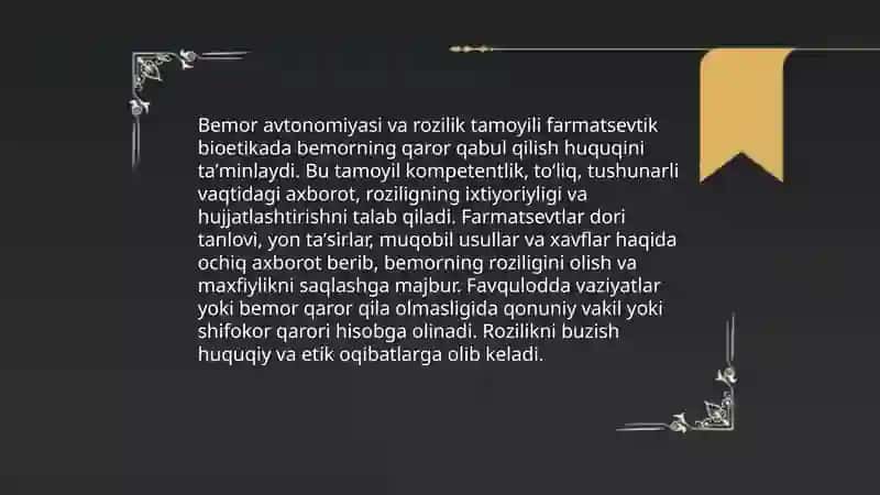 Farmatsevtik bioetikada rozilik tamoyilining oʻrni 4
