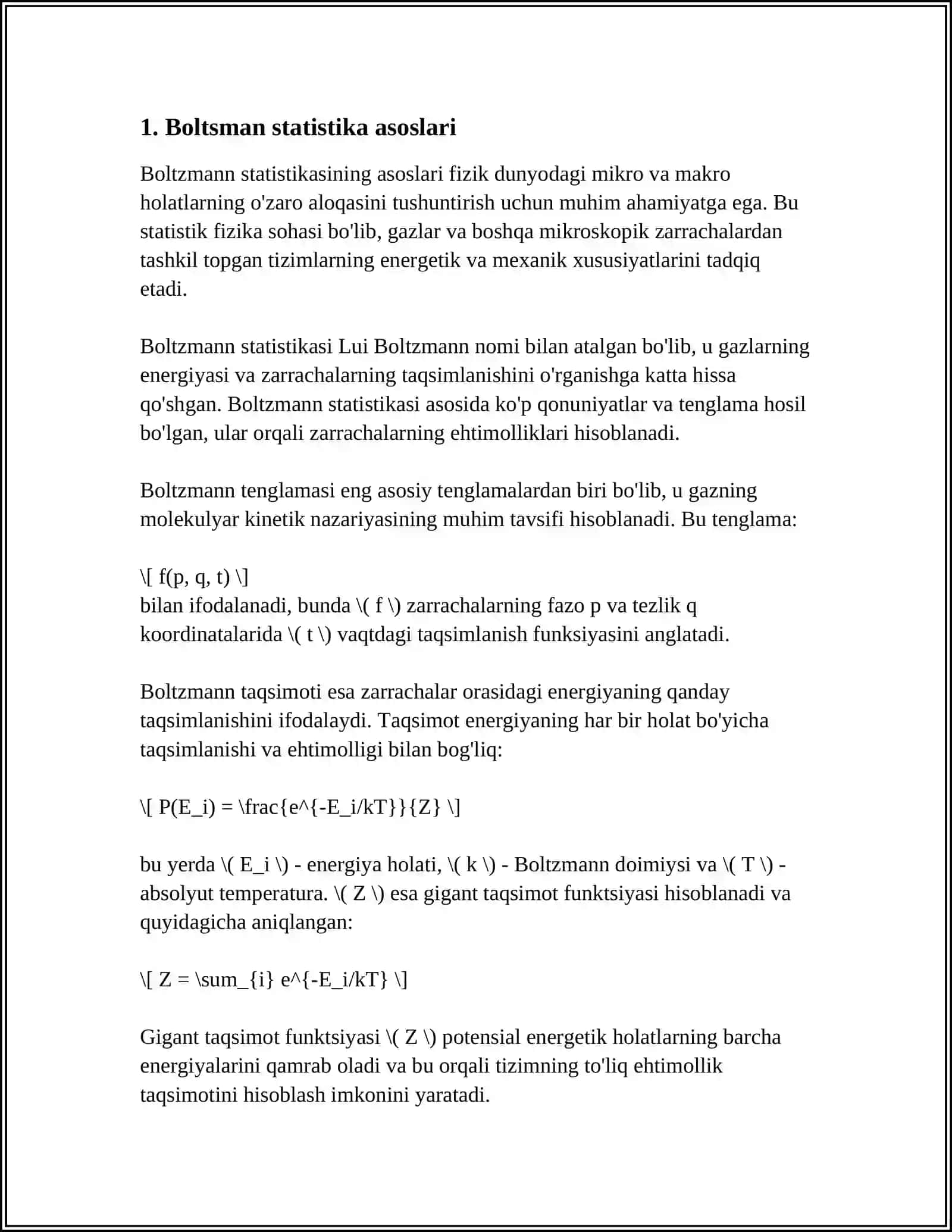 BOLTSMAN TAQSIMOTI. MAKSVELLNING MOLEKULALARNING TEZLIKLARI BO’YICHA TAQSIMOT QONUNI 4