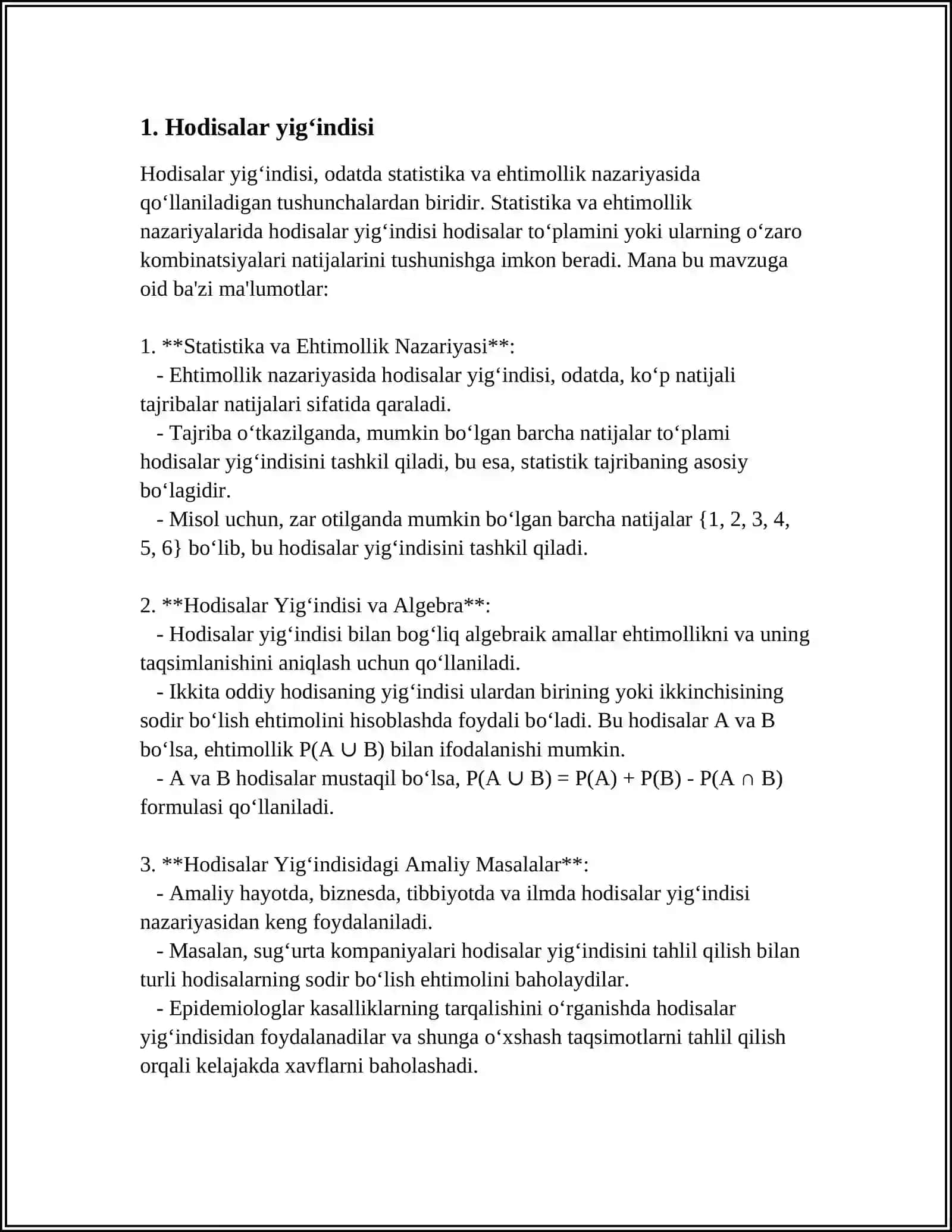 Hodisalar yigʻindisi va koʻpaytmasi - HODISALAR YEGʻINDISI VA KOʻPAYTMASI. SHARTLI EHTIMOLLAR. BOGʻLIQ VA ERKLI HODISALAR EHTIMOLLARI KOʻPAYTMASI HAQIDAGI TEOREMA. KAMIDA BITTA HODISANING ROʻY BERISH EHTIMOLI. TOʻLA EHTIMOL FORMULASI. BAYES FORMULASI. HAMMASIGA OID MISOL HAM 4
