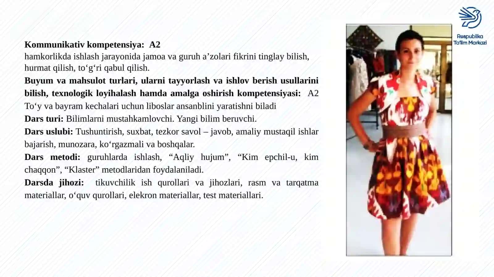 Kiyim haqida umumiy ma’lumot. Tikiladigan kiyim uchun gazlama va fason tanlash. To‘y va bayram kechalari uchun liboslar ansamblini yaratish 4