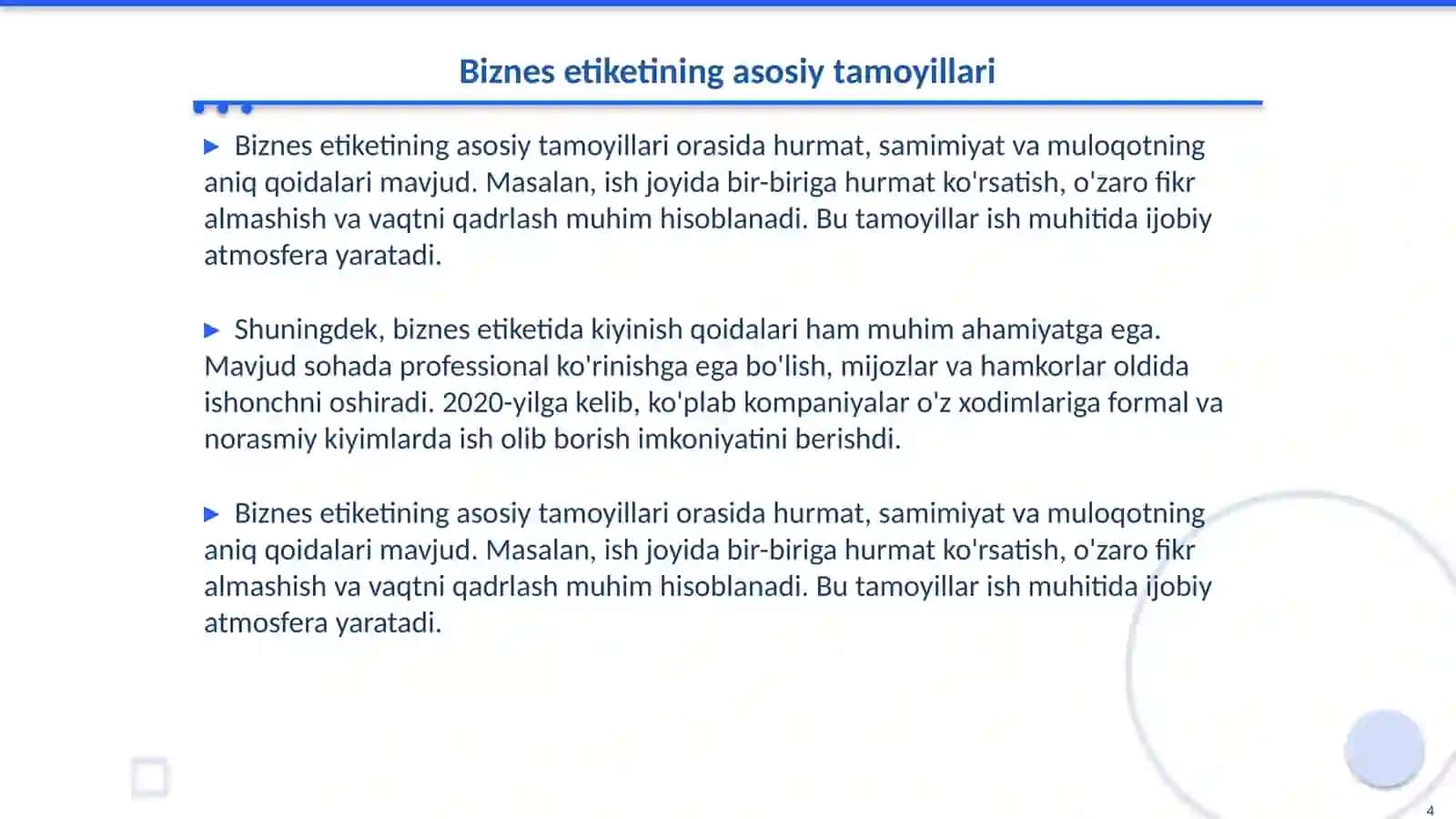Biznes odob-axloqining tarixi va tamoyillari. Biznes etiket fanidan 4
