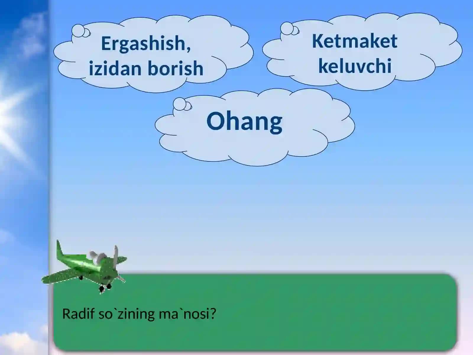 She`riy  matn  yordamida  qofiyaning   vazifalarini  aniqlash,qo`shqofiya,radif,ichki  qofiya  kabilarni  topib  tahlil  qilish.Erkin  qofiya 4