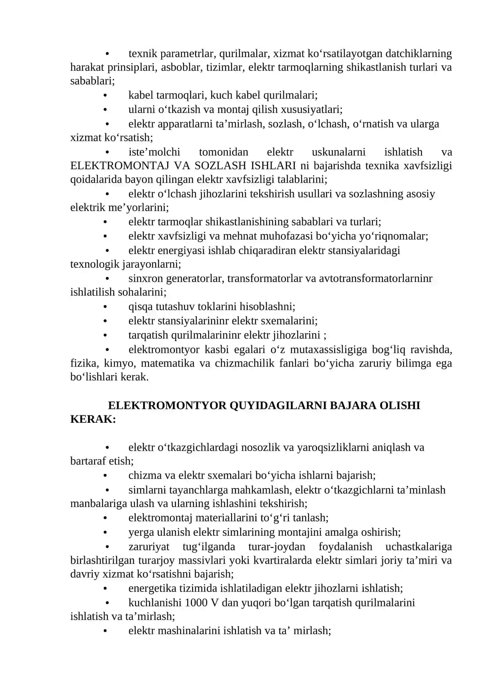 ELEKTROMONTAJ VA SOZLASH ISHLARI O‘QUV AMALIYOTI O‘QITISH MATERIALLARI TO‘PLAMI 4