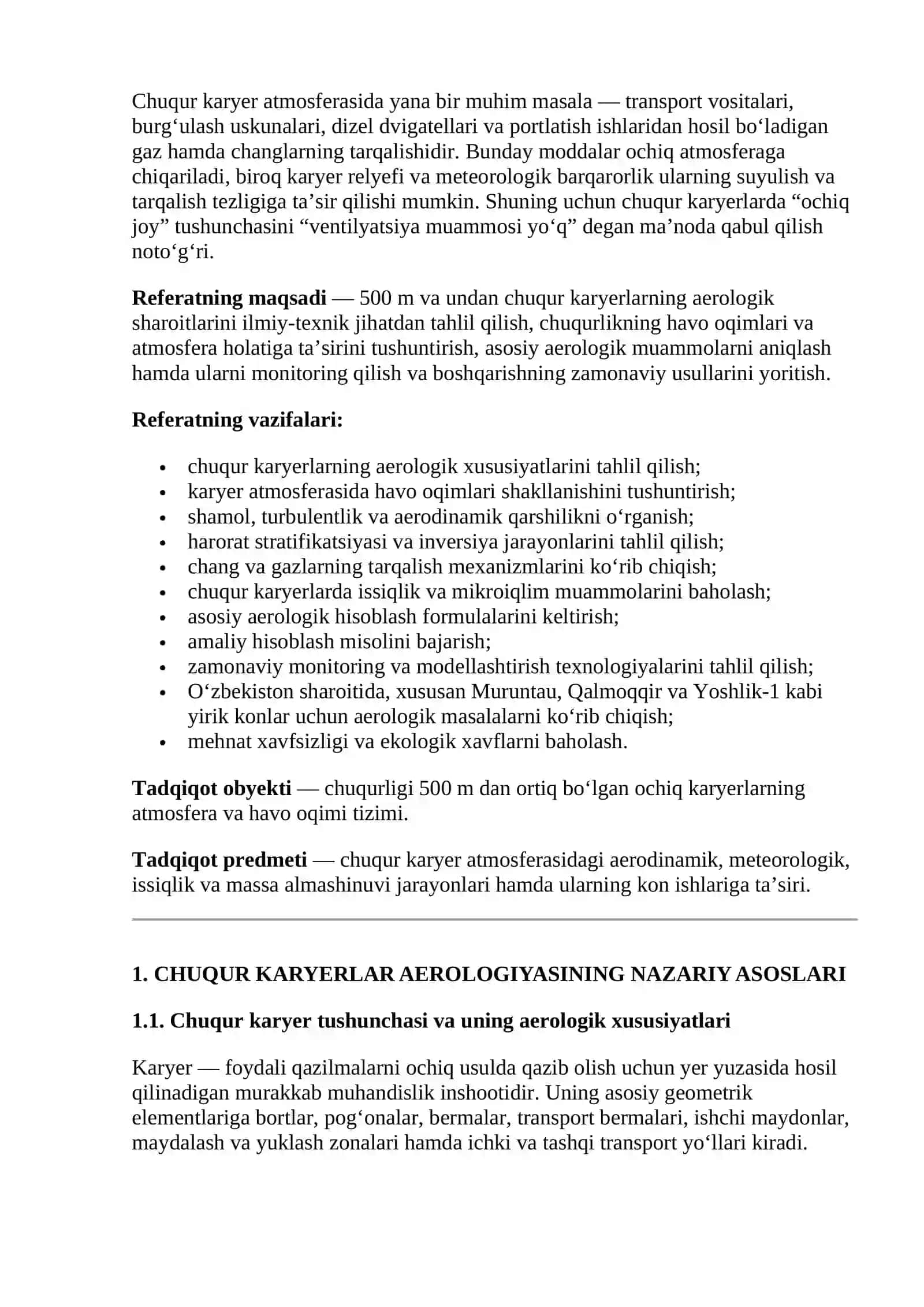 Chuqur karyerlarning (500 metrdan chuqur) aerologik sharoitlari va ularning o‘ziga xos muammolari 4