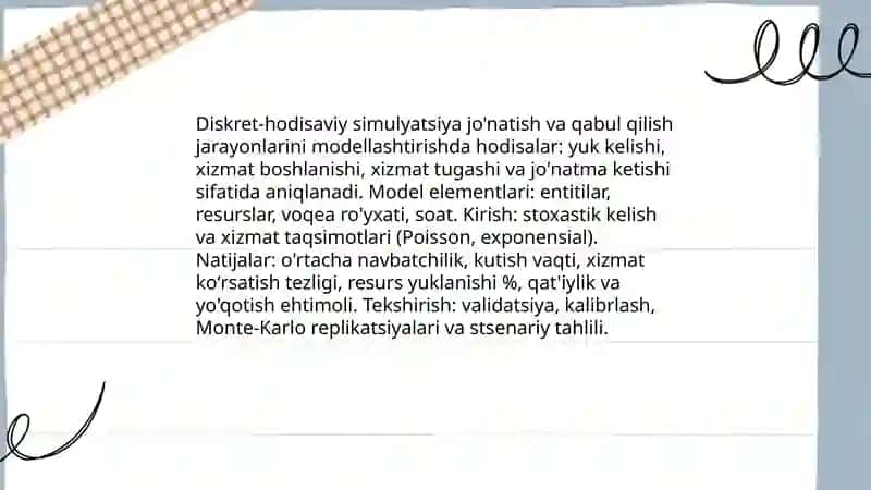 Yuk oqimlarini junatish, qabul qilish jarayonlari va ko'rsatkichlarini modellashtirish 4