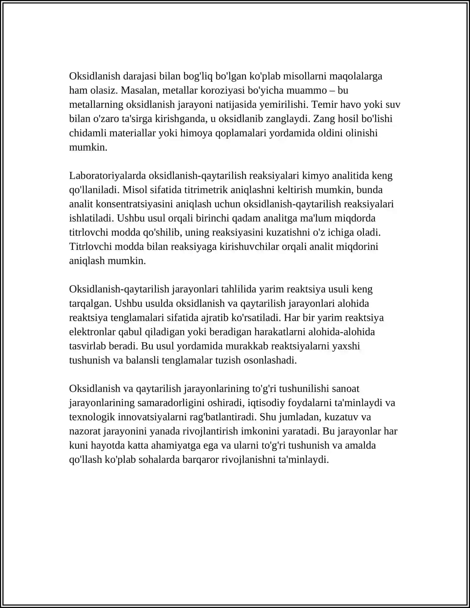 MUSTAQIL ISH Mavzu: OKSIDLANISH-QAYTARILISH JARAYONLARINING NAZARIY ASOSLARI 4