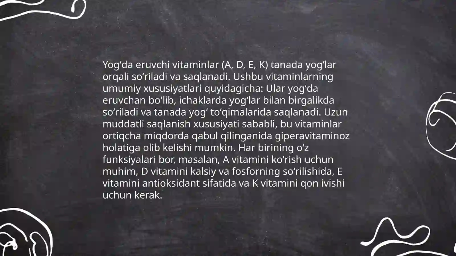 Vitaminlar. Yogʻda eruvchi vitaminlar. Tuzilishi va funksiyasi. Shermatova Mulkiya 4