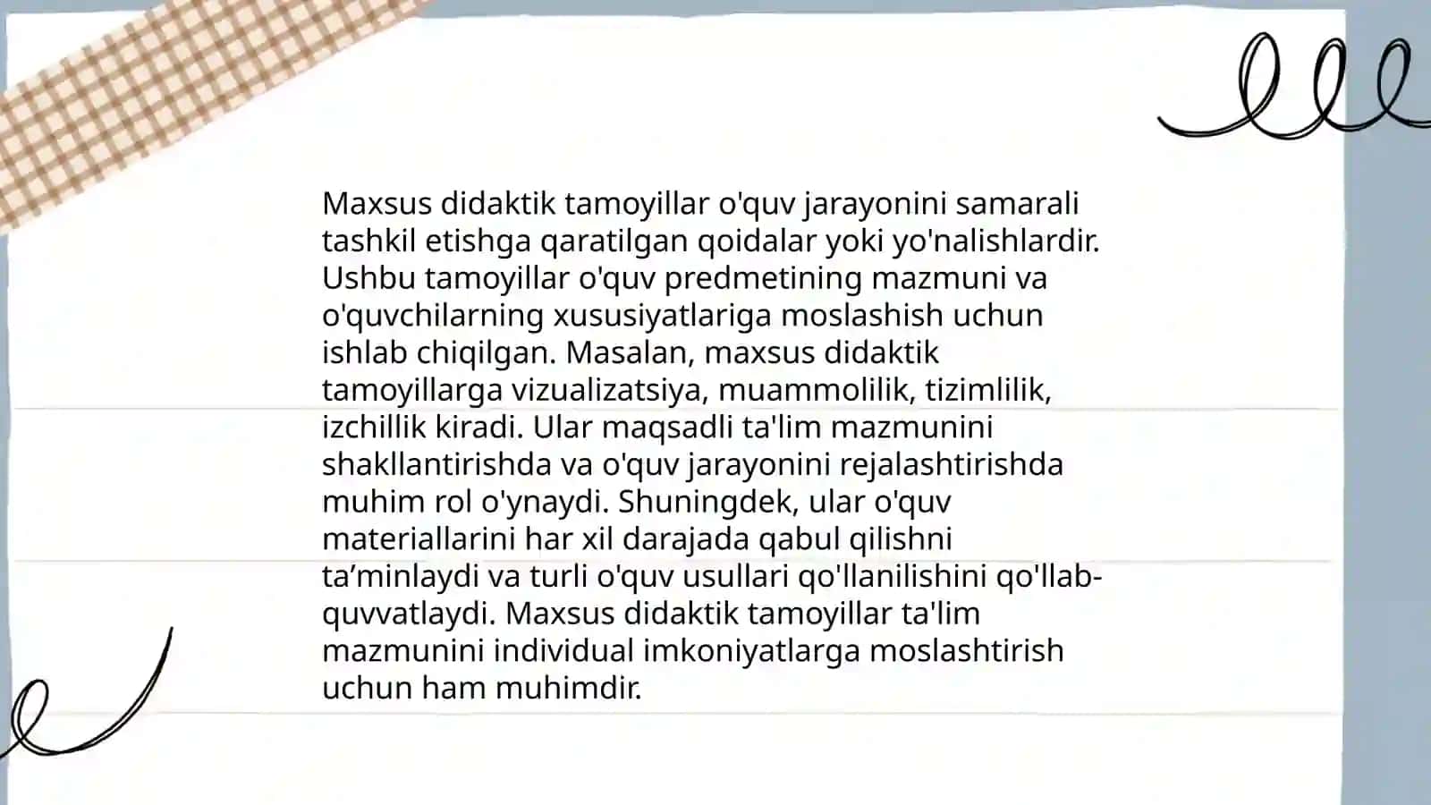 Umumiy didaktik tamoyillar bilan maxsus didaktik tamoyillar óratsidagi boğliqlikni FSMU strategiyasi asosida yoritib bering 4