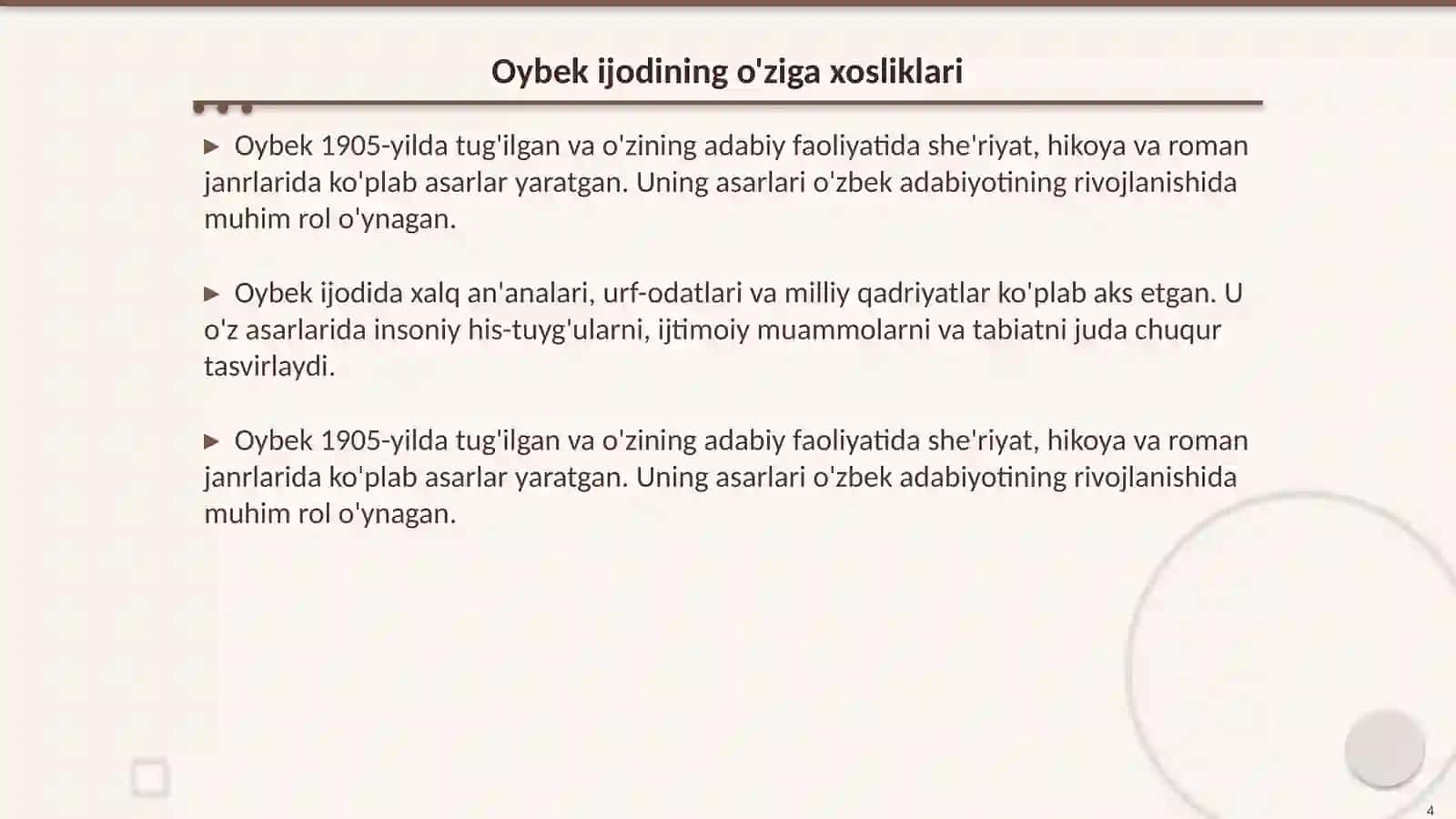 Sinfdan tashqari mashgʻulotlarni tashkil etish va oʻtkazish metodikasi (Oybek ijodi misolida) 4