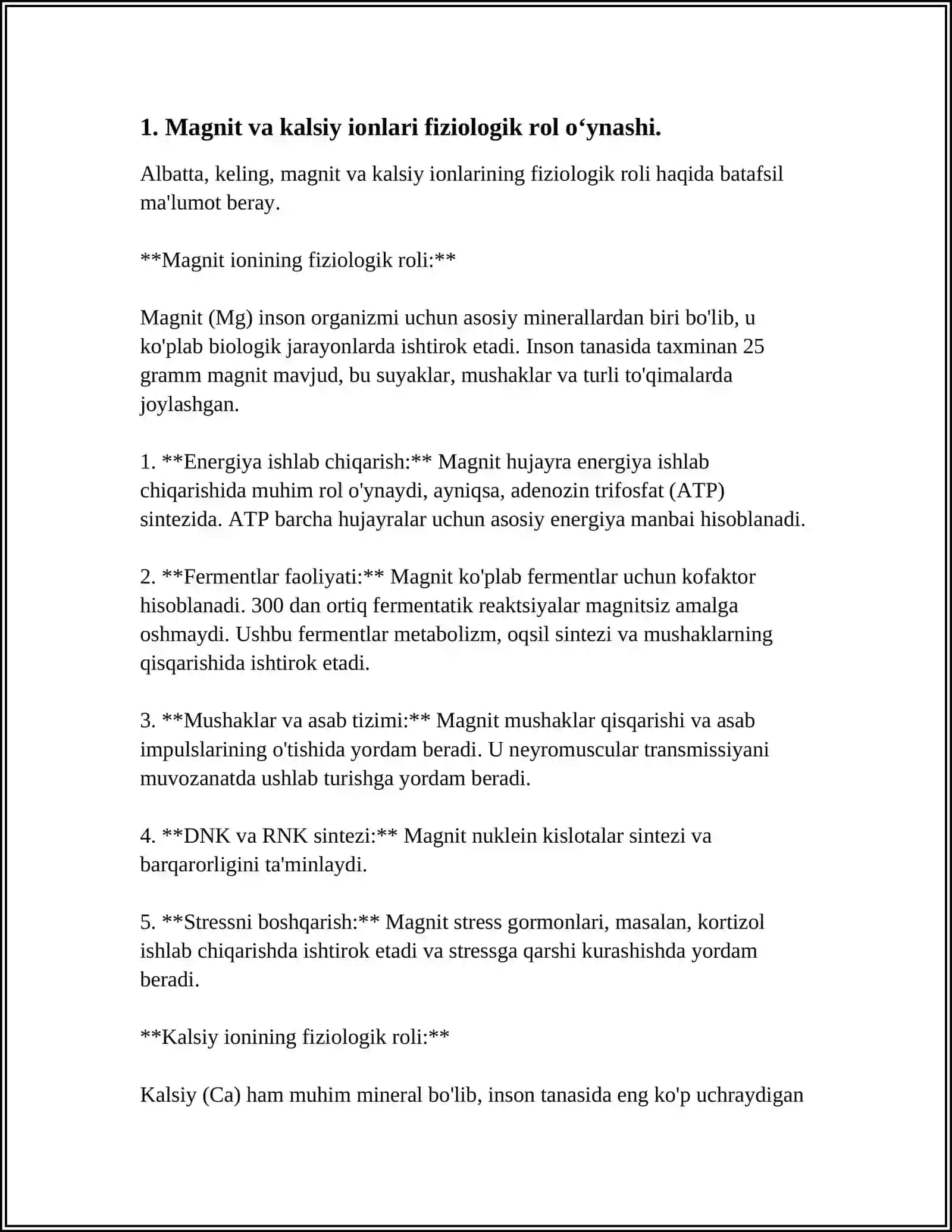 MAGNIY, KALTSIY IONLARINI, FIZIOLOGIK XUSUSIYATI 4