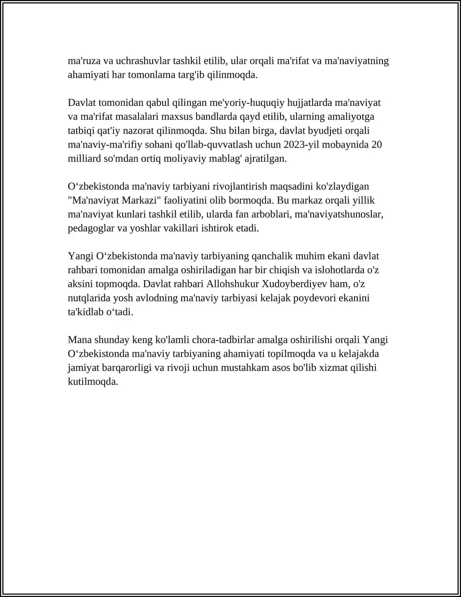 YANGI ÒZBEKISTONDA AMALGA OSHIRILAYOTGAN MA'NAVIY ÒZGARISHLAR 4