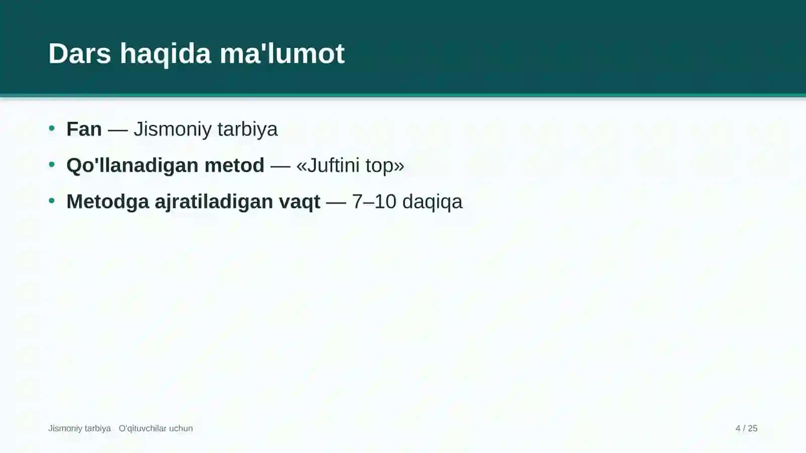 jismoniy tarbiya darslarida juftini top metodidan foydalanish 2750 4