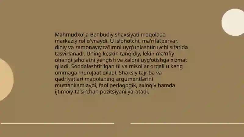 Mahmudxo'ja Behbudiy." Jaholat dardlaridan" nomli maqolasi tahlili va taqrizi 4
