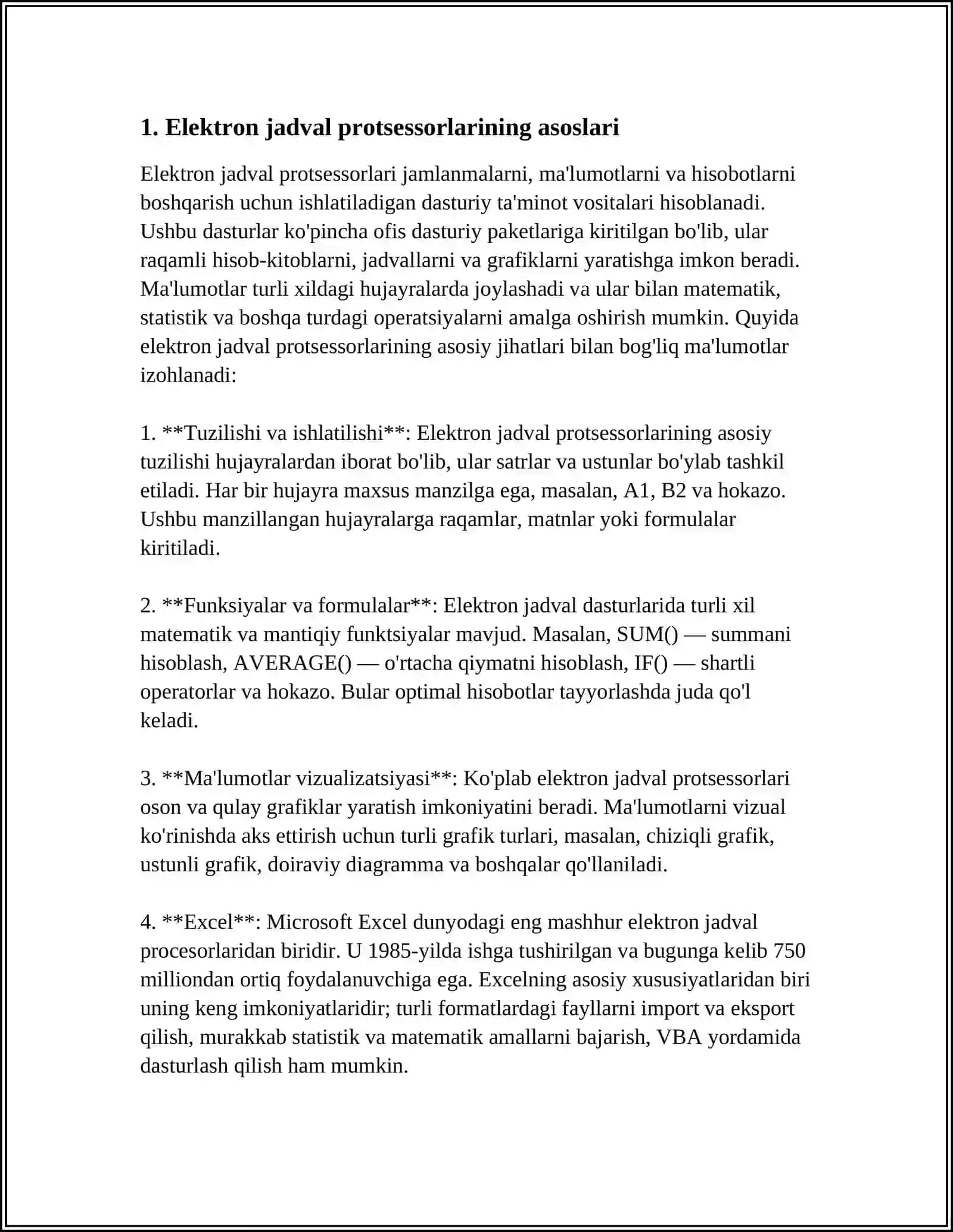 IQTISODIY MASALALARNI YECHISHDA ELEKTRON JADVAL PROTSESSORLARIDAN FOYDALANISH 4