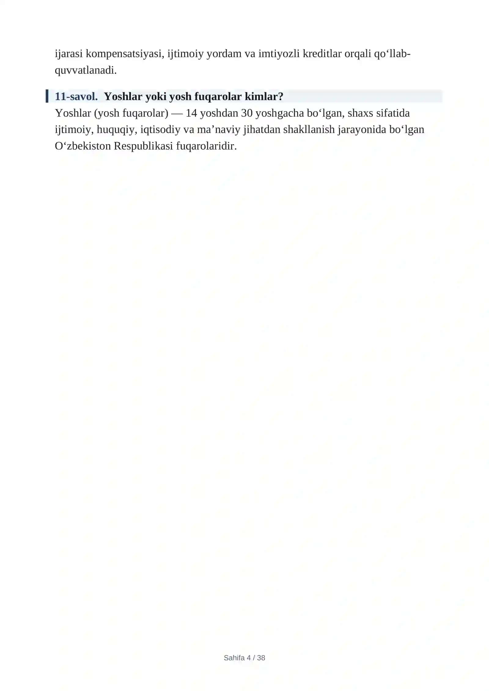 ARGOS 2026 — Mahalla yoshlar yetakchisi suhbat savollari va javoblari 2026-yil Mahalla yoshlar yetakchisi — suhbat savollari va javoblari Yoshlar yetakchisi suhbat savollari va javoblari — 2026 Mahalla yoshlar yetakchisi — 2026-yil suhbat savollari  Mahalla yoshlar yetakchisi lavozimi uchun savol-javoblar Yoshlar yetakchisi uchun suhbat savollari va javoblari 2026 ARGOS — yoshlar yetakchisi savol-javoblari Mahalla yoshlar yetakchisi — ishga kirish suhbat savollari 4