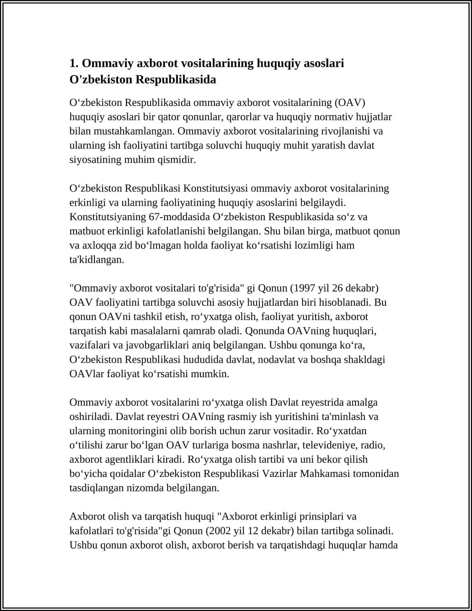 O'ZBEKISTON RESPUBLIKASIDA OMMAVIY AXBOROT VOSITALARINING FAOLIYATI (O'ZGARISH VA MUAMMOLARI) HAQIDA 4