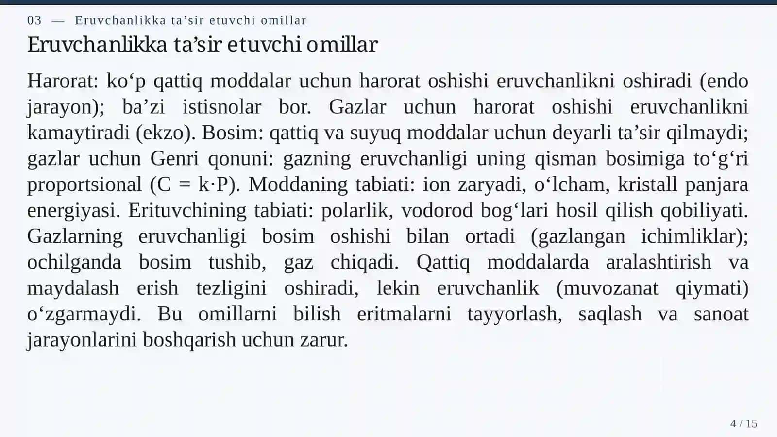 ERITMALAR: KONSENTRATSIYA, ERUVCHANLIK VA ERITMALARNING FIZIK-KIMYOVIY XOSSALARI 4