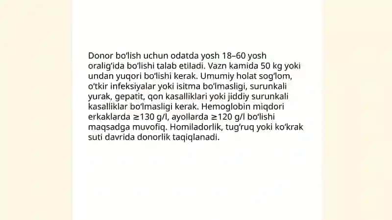 Donorlik. Donorlik shartlari, ko‘rsatma va qarshi ko‘rsatmalar 4