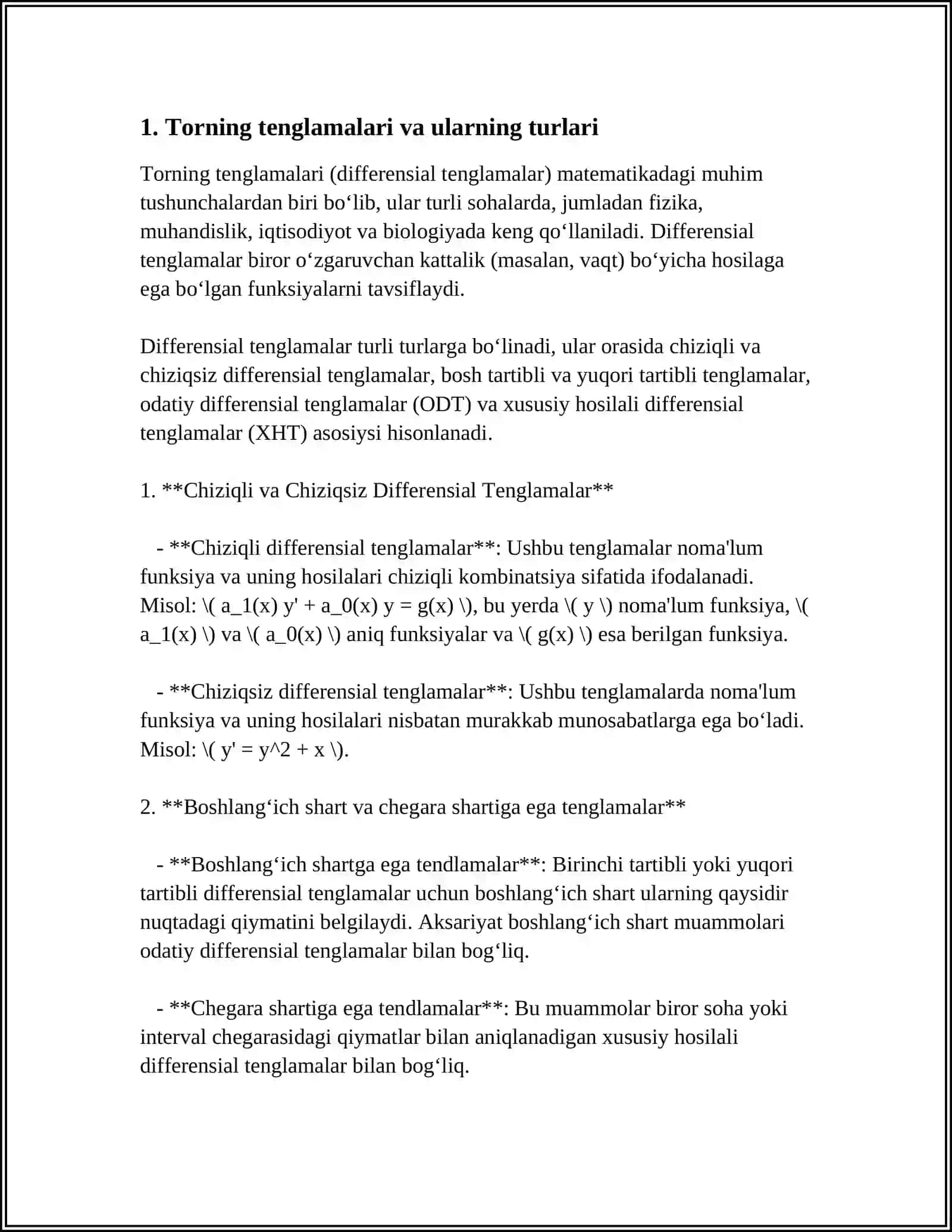 TORNING TEBRANISH TENGLAMASINI DALAMBER USULI VA OʻZGARUVCHILARI AJRATISH USULI BN YOZISH.TORNING MAJBURIY TENGLAMASI 4