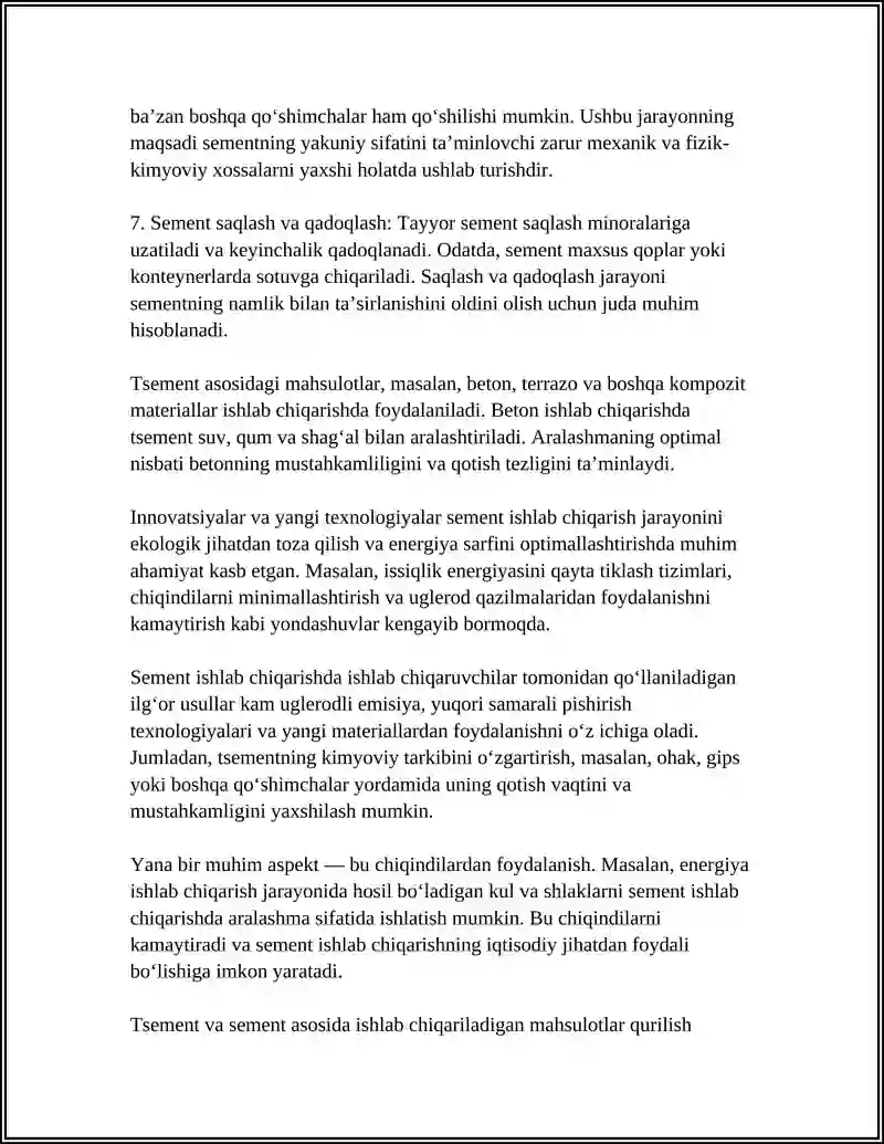 Sement va tsement asosidagi mahsulotlar ishlab chiqarish texnologiyasi 4