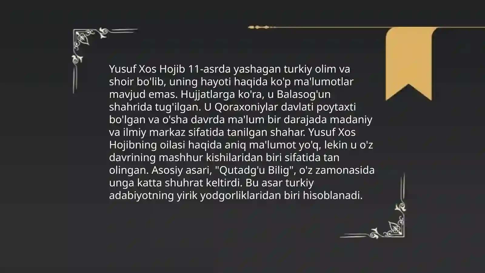 Yusuf Xos Hojib hayoti va ijodi.Qutadg'u bilig asari haqida ma'lumot 4