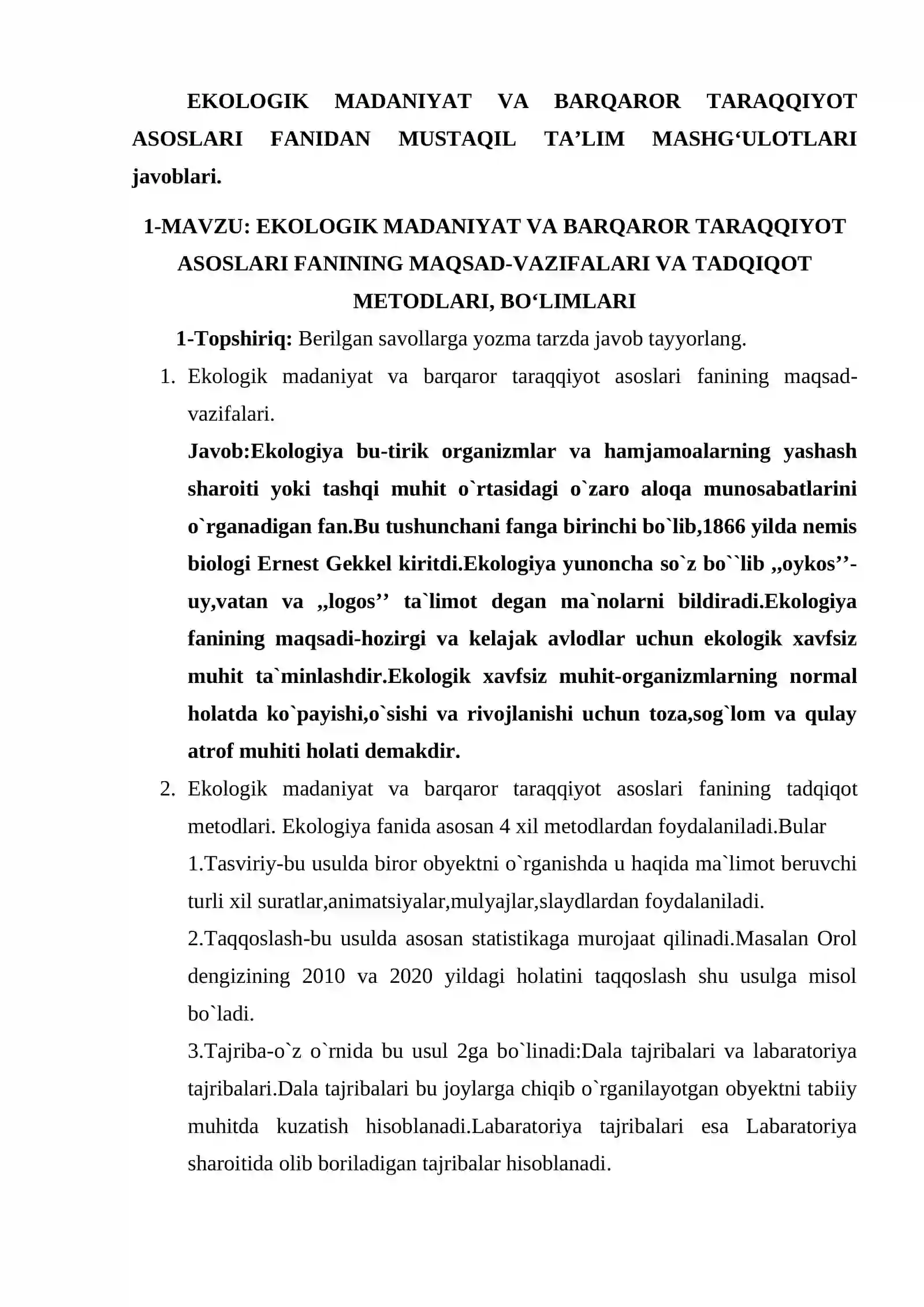 Ekologik madaniyat va Barqaror taraqqiyot asoslari fanidan MUSTAQIL TA'LIM topshiriqlari 4