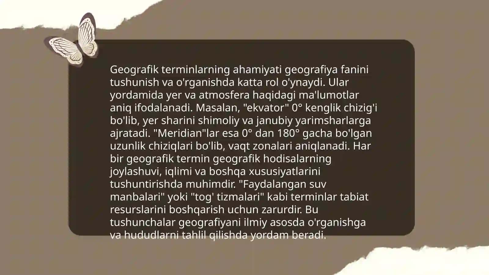 Toponimlarning xalq geografik terminlari asosida tarkib topishi xususiyatlari mavzusida 15 tadan kam bulmagan 4 ta rejali 4