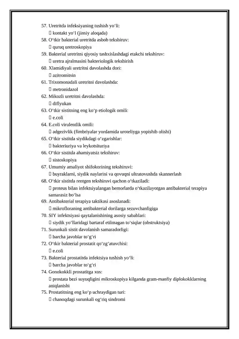 Andrologiya va seksopatologiya mutaxassisligi bo'yicha shakllantirilgan test savollari ro'yxati 4