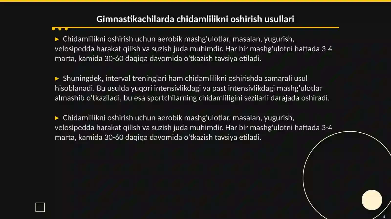 Gimnastikachilarni jismoniy sifatlarni rivojlantirish usullari 4