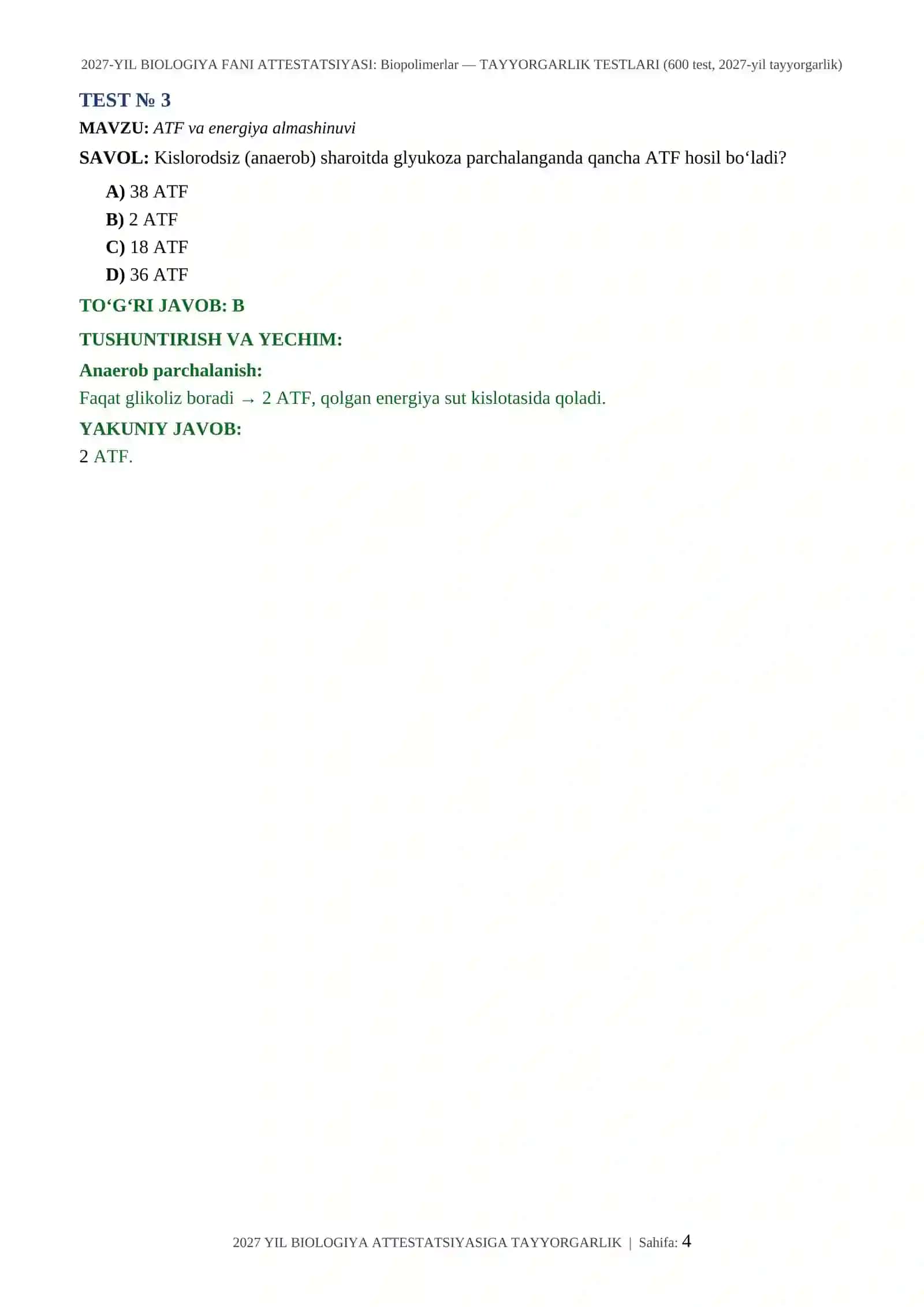 BIOLOGIYA FANI ATTESTATSIYASI: Biopolimerlar 4