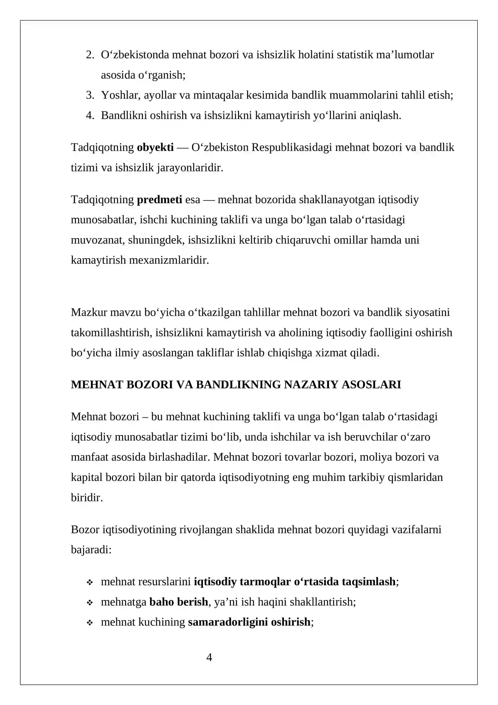 Referat “O‘zbekistonda mehnat bozori, bandlik va ishsizlik muammolari” 4