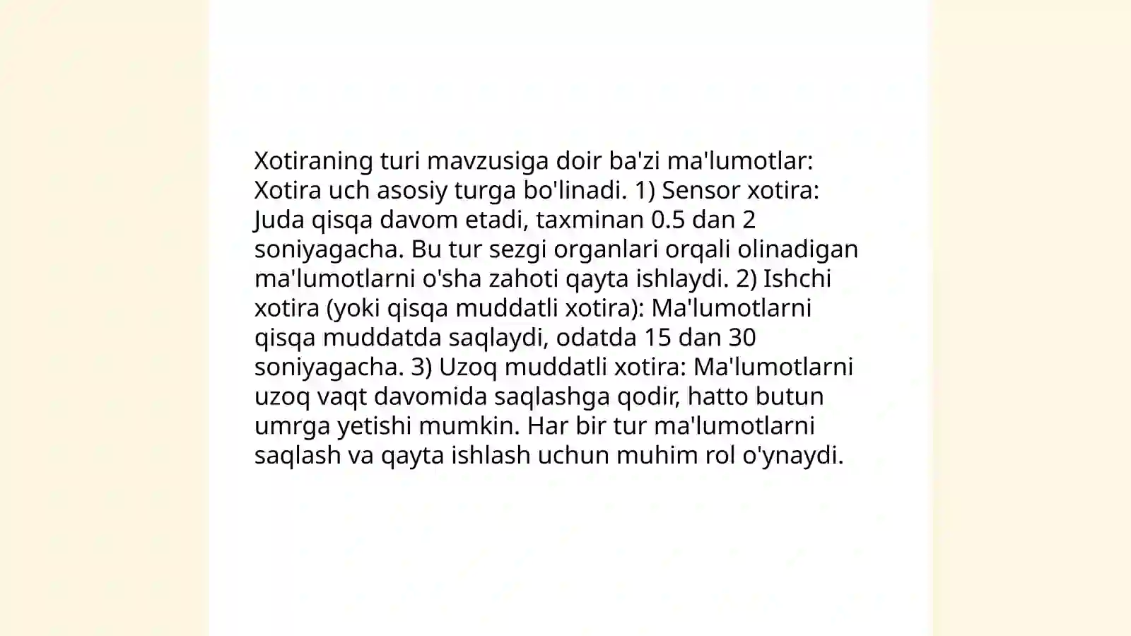 Xotira xaqida tushuncha va uning nerv fizalogik asosi 4