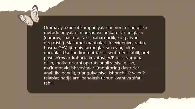Sog'lom turmush tarzini shakllantirish bóyicha aholiga axborot yetkazish usullari olib borilgan ishlarni monitoring qilish va baholash 4