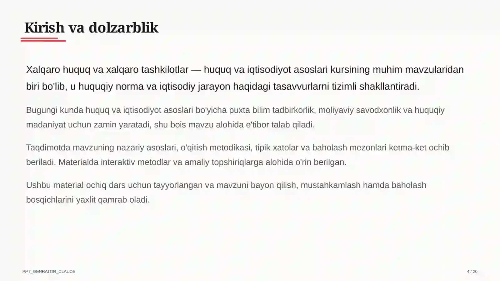 Huquq va iqtisodiyot asoslari (9– 11) — ochiq dars uchun 4